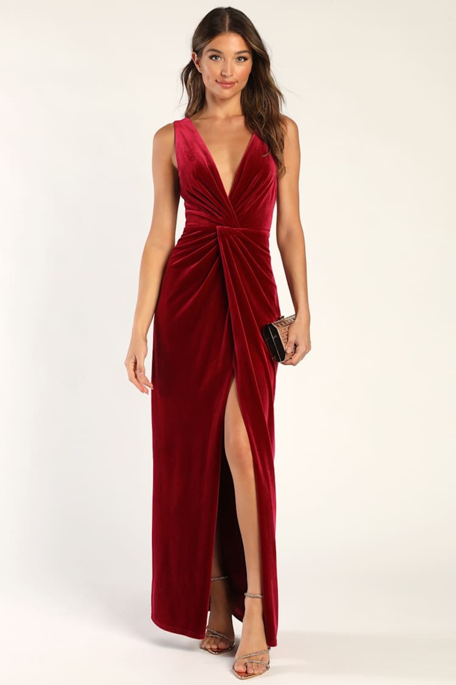 NWT Lulus Beautiful Evenings Wine Red Velvet Tist-Front Maxi Dress Size S